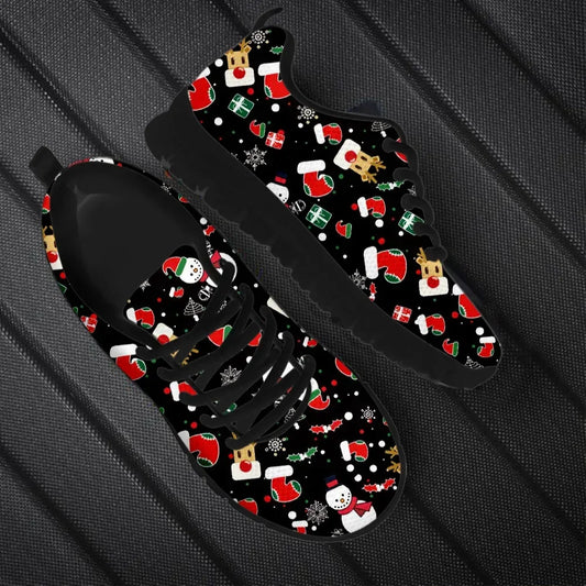 Wear-Resistant Casual Sneakers Santa Claus Snowflake Pattern Lace up Flat Shoes Women Mens Tennis Christmas Gifts