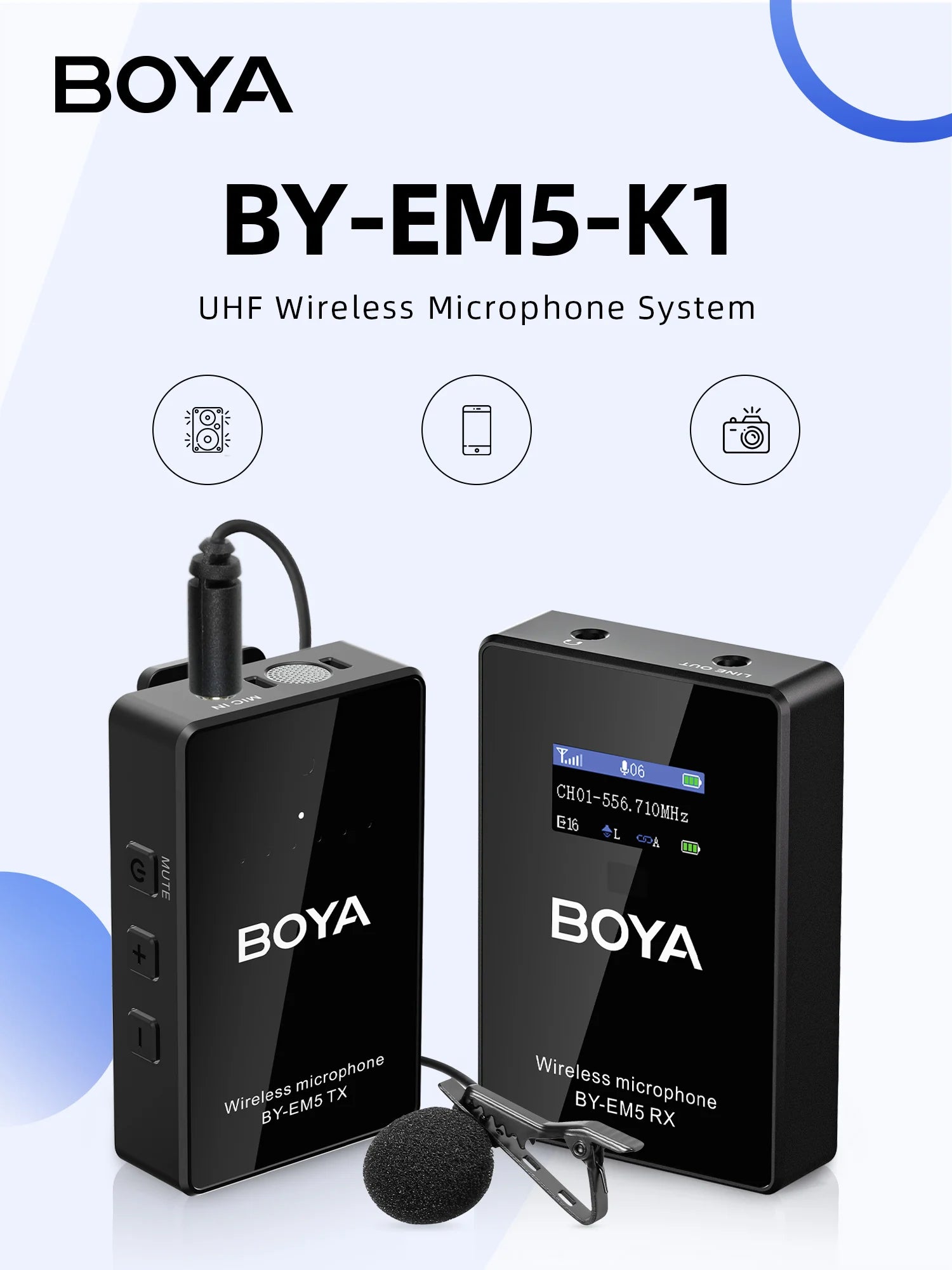 BY-EM5-K1 48-Channel UHF Wireless Lavalier Microphone for iPhone Android PC DSLR Cameras Online Teaching Streaming Youtube