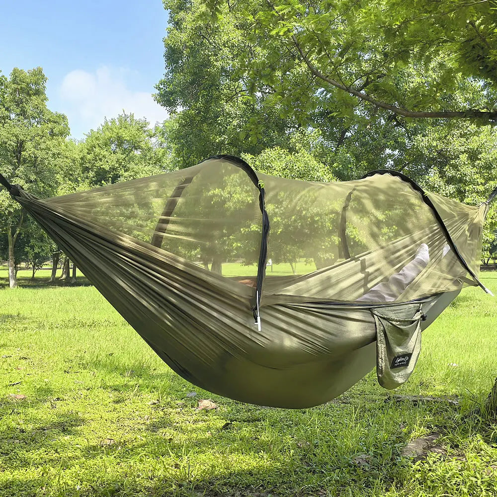 Portable Outdoor Camping Hammock with Mosquito Net and Canopy High Strength Parachute- Fabric Hanging Bed Hunting Sleeping Swing