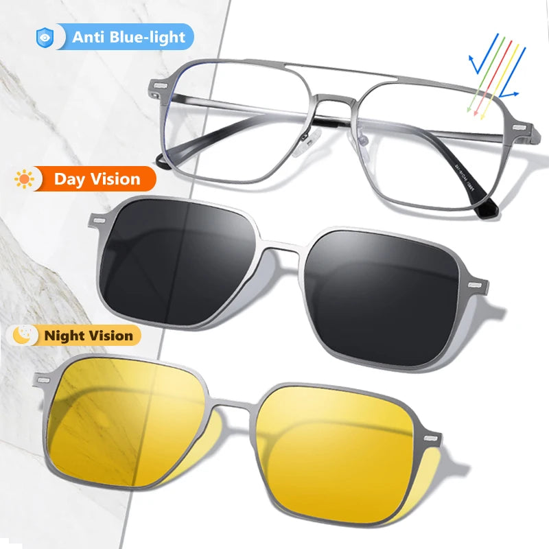 Titanium 3 In 1 Magnetic Clip On Polarized Sunglasses UV400 Optical Computer Glasses for Men Women