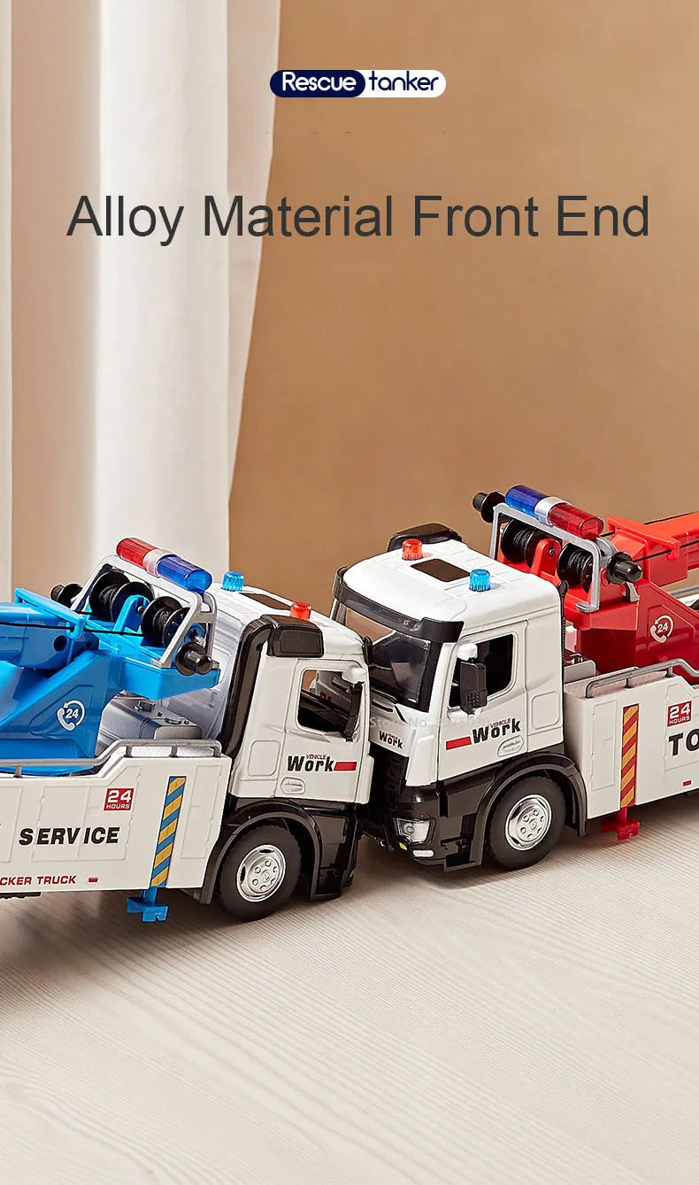 1/50 Scale Double Hook Rescue Crane Truck Alloy Model Toys Metal Diecast Engineering Vehicle Sound Light Gifts for Boys Birthday