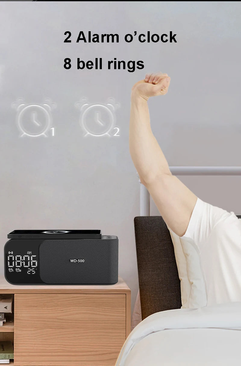 15W wireless charging Dual alarm clock home Bluetooth speaker with night light Bluetooth subwoofer temperature display FM/TF/AUX