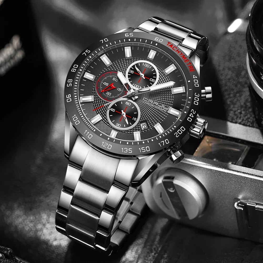 Men Watch Fashion Sports Chronograph Wristwatches Stainless Steel Strap with Auto Date