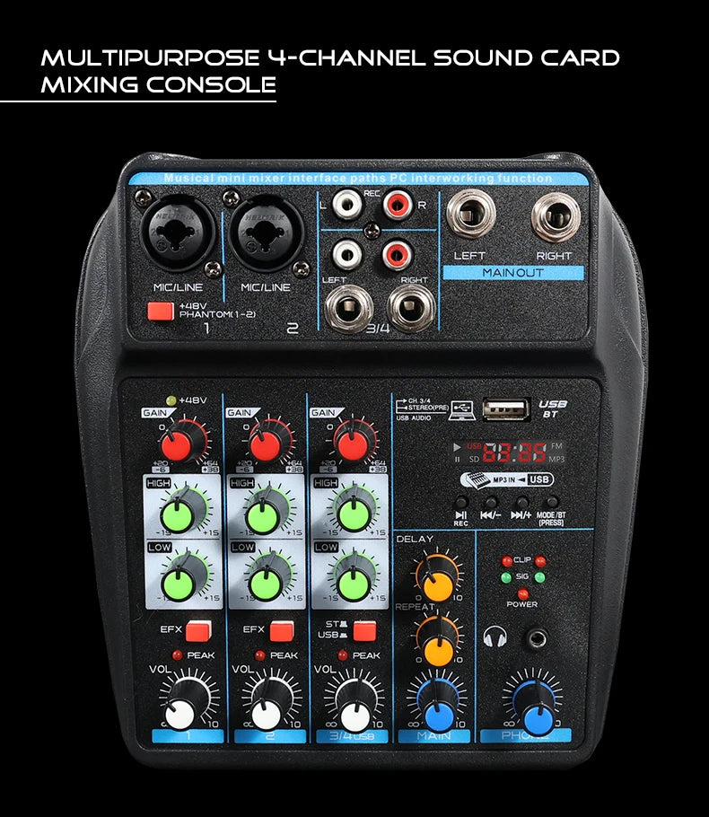 4 Channel DJ Audio Mixer With Bluetooth USB And 48V Phantom Power