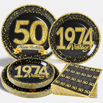 50th Black Gold Birthday Disposable Tableware Paper Plate Towels 50 Birthday Party Decoration 50th Birthday Birthday Anniversary