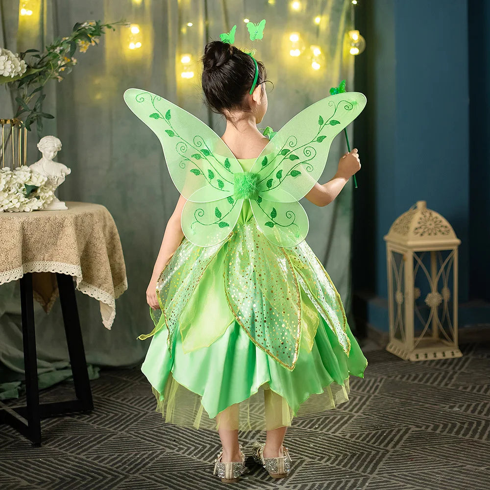 Girl Green Leaf Sequin Fairy Dress Sleeveless Strap Elf Tutu Gown Kids Birthday Party Halloween Cosplay Forest Princess Costume