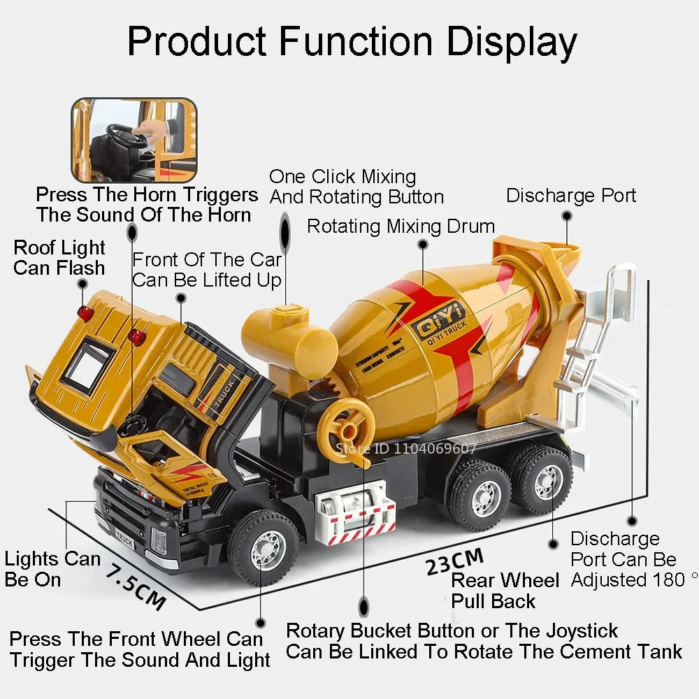 1:40 Electric Cement Mixer Truck Model Toy Alloy Diecast Sound Light Pull Back Engineering Vehicle Models for Boys Gifts
