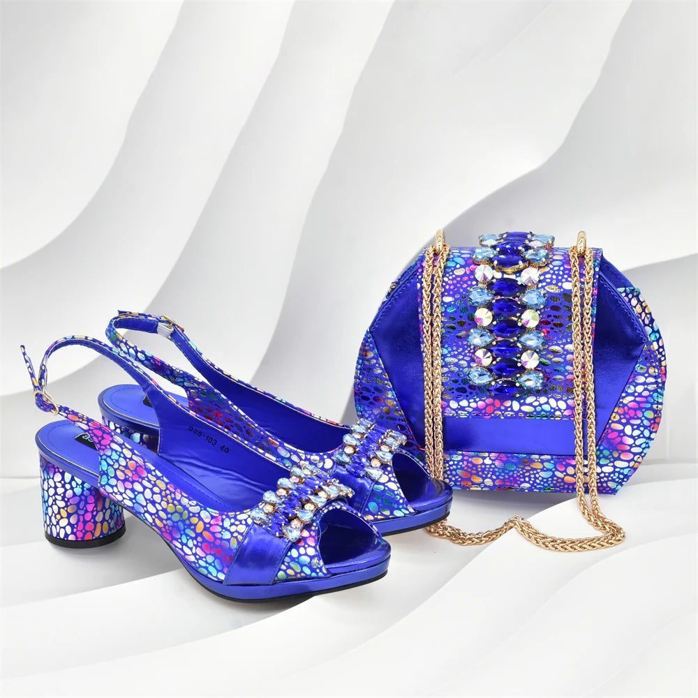Rhinestone Design INS African Shoes and Bag Set in Silver Color Open Toe Comfortable Women Heels