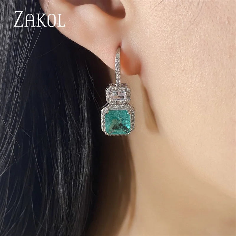 Gorgeous Princess Square Light Blue Cubic Zirconia Drop Earrings