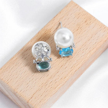 Cute Blue Oval Cubic Zirconia Stud Earrings for Women Small Imitation Pearl Earring