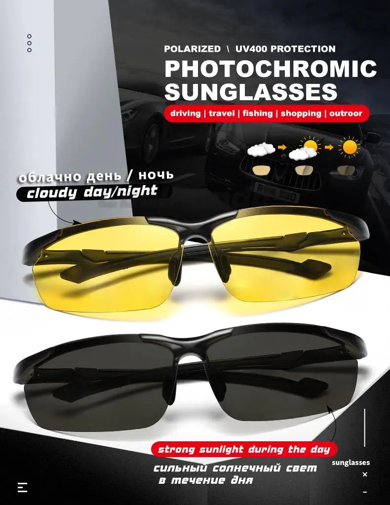Aluminum Rimless Photochromic Polarized UV400 Day Night Driving Sunglasses for Men Women