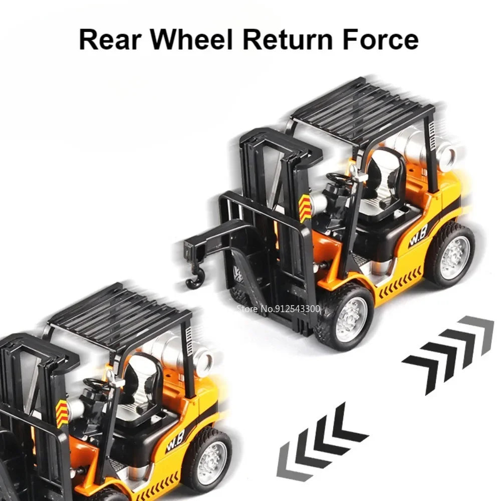 1:24 Crane Forklift Model Car Toy Diecast Metal Warehouse Lift Truck Sound Light Pull Back Adjustable Engineering Vehicle Models