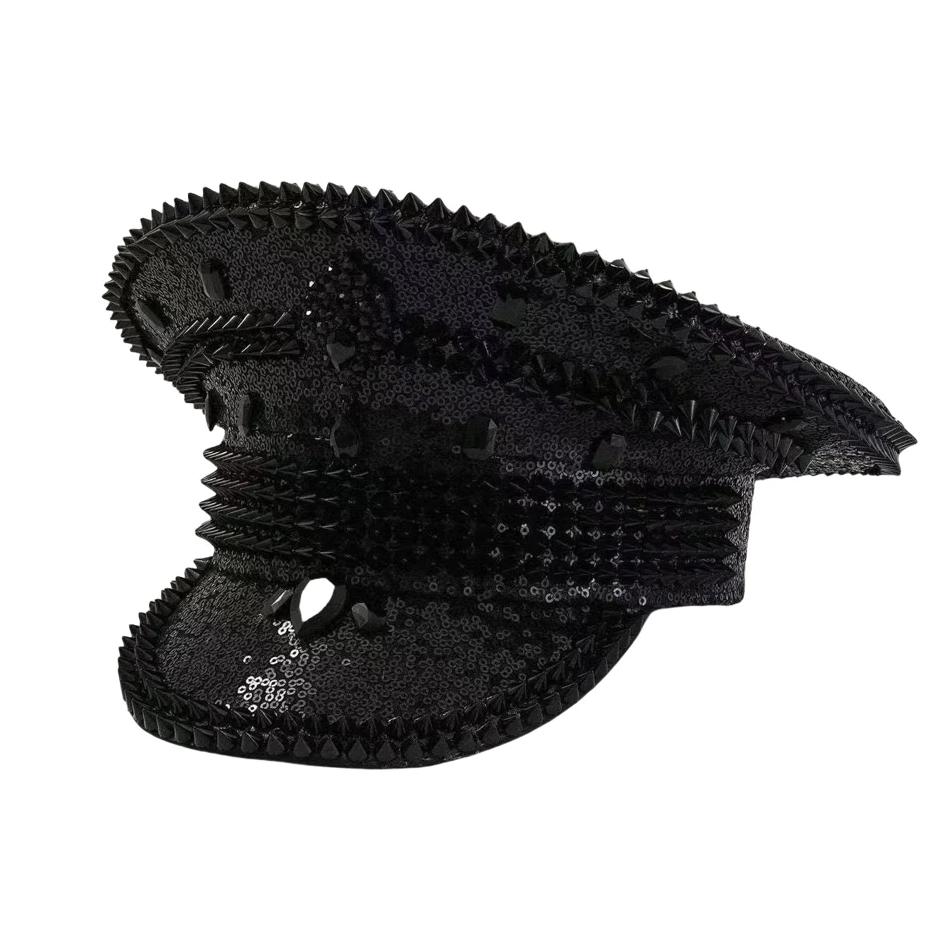 Black Sequin Festival Captain Hat Punk Rhinestone Masquerade Military Cap Handmade Sergeant Hat Bride Music Festival Cosplay