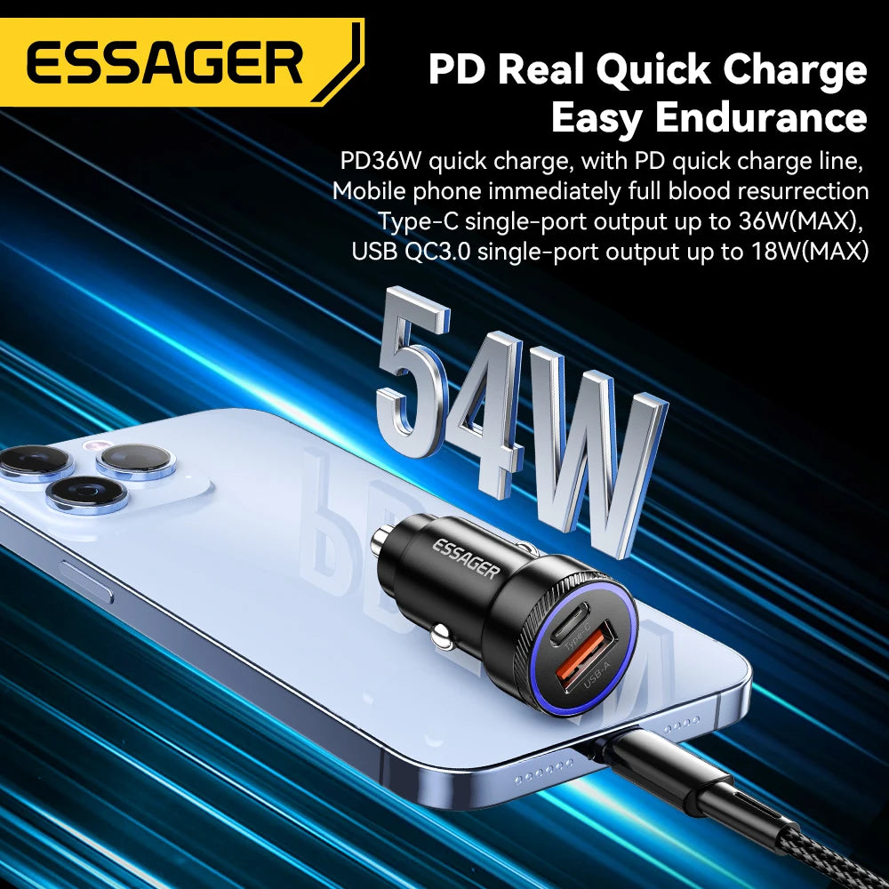54W USB-C + USB-A Fast Car Charger (PD 3.0 + QC 3.0)
