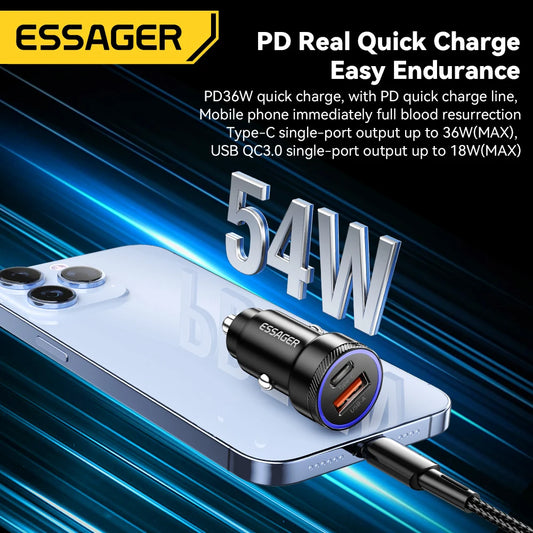 54W USB-C + USB-A Fast Car Charger (PD 3.0 + QC 3.0)