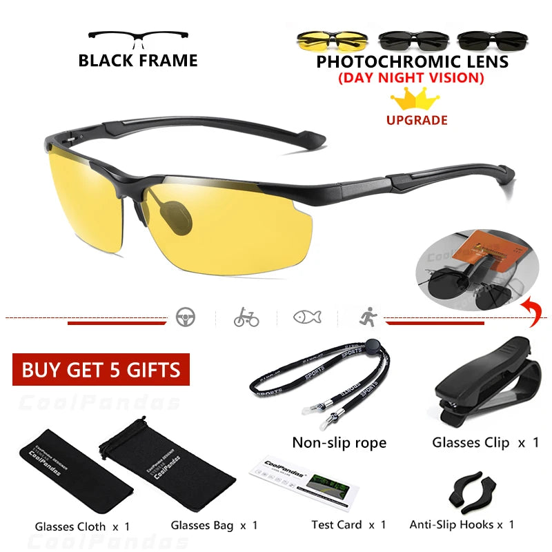 Aluminum Rimless Photochromic Polarized UV400 Day Night Driving Sunglasses for Men Women