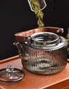Large Capacity 1200ml Vertical Stripe Pattern Glass Tea Pot Kungfu Tea Set Wooden Beam Tea Kettle Brewing Puer Teapot Teaware