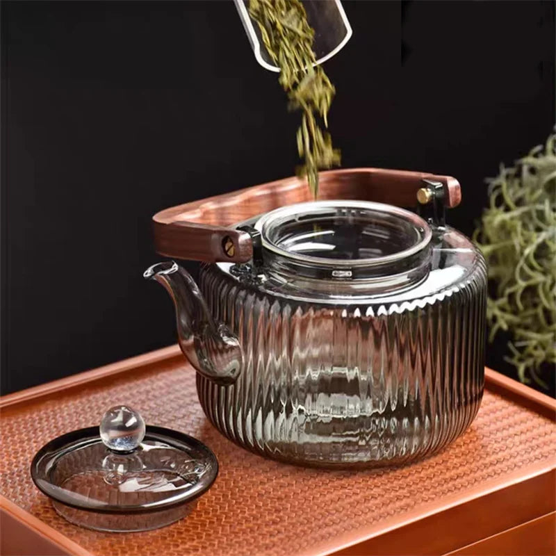Large Capacity 1200ml Vertical Stripe Pattern Glass Tea Pot Kungfu Tea Set Wooden Beam Tea Kettle Brewing Puer Teapot Teaware