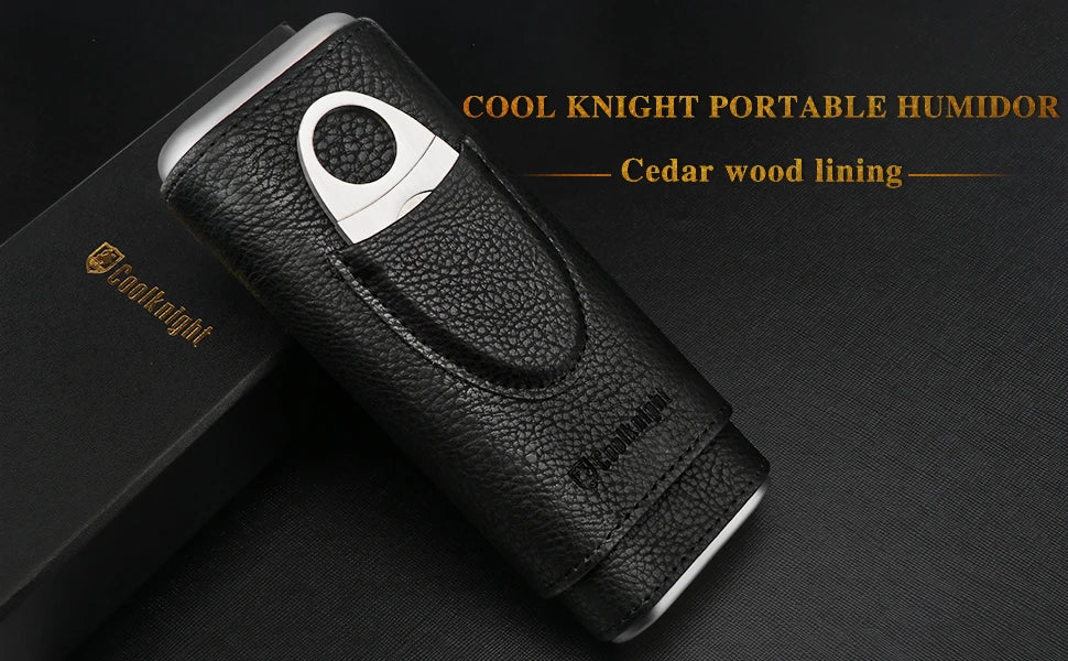 Leather Cigar Case, Cedar Wood Lining Travel Humidors for Cigars, Cigar Accessories Include Stainless Steel Cigar Cutter