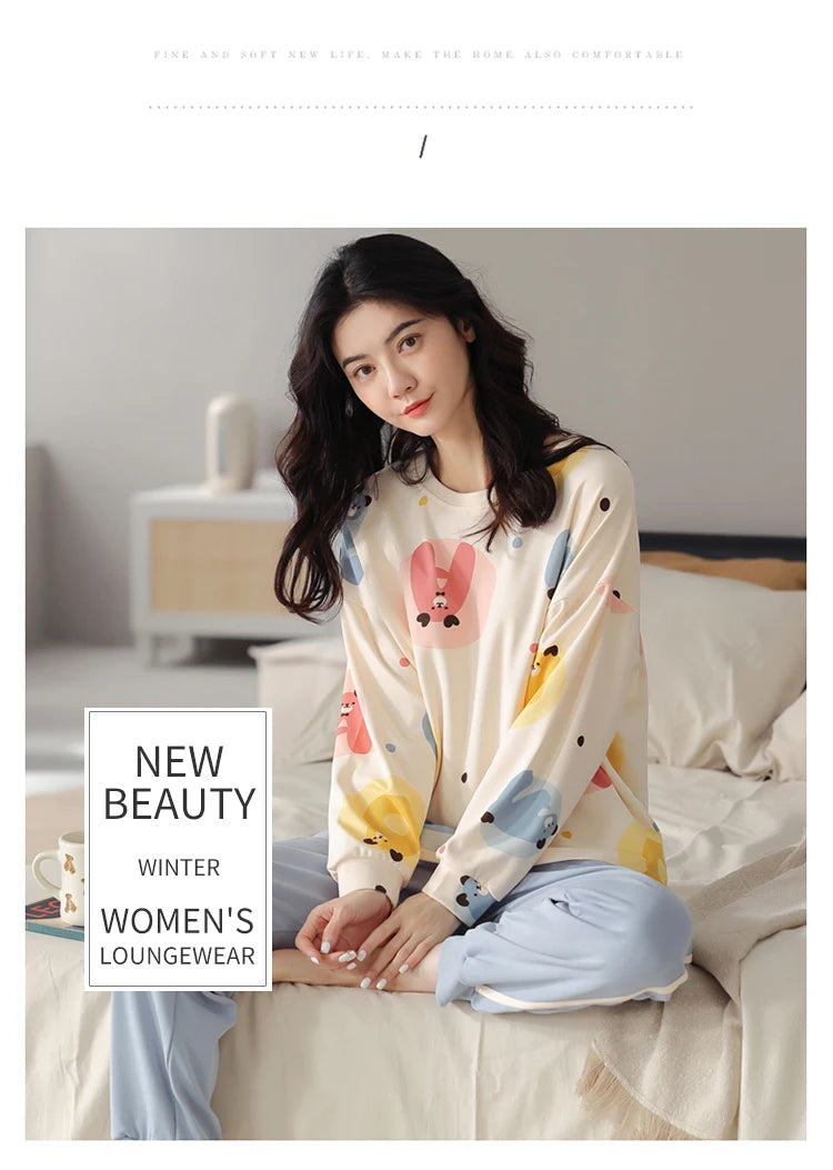 Women’s Cute Lazy Style Cotton Pajama Set – Soft, Loose Long Sleeves & Pants