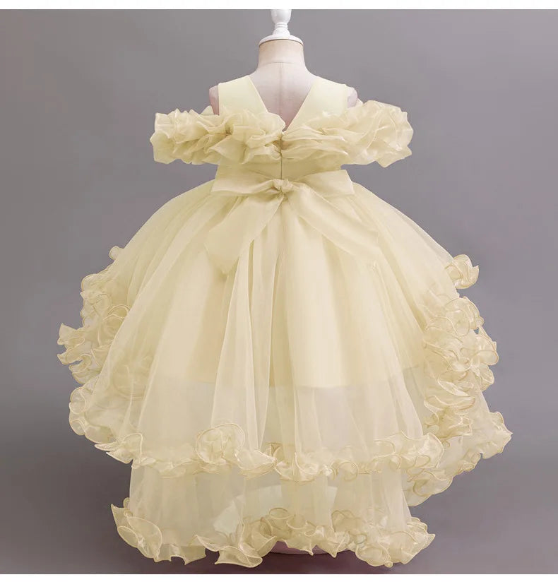 Luxury Off-Shoulder Girls' Dress - Convertible Tulle Ball Gown for Birthday Parties & On-Stage Events