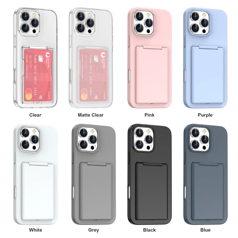 Luxury Solid Color Matte Wallet Card Slot Bracket Phone Case For iPhone 16 Pro Max 14 15 Pro Max Bumper Back Cover