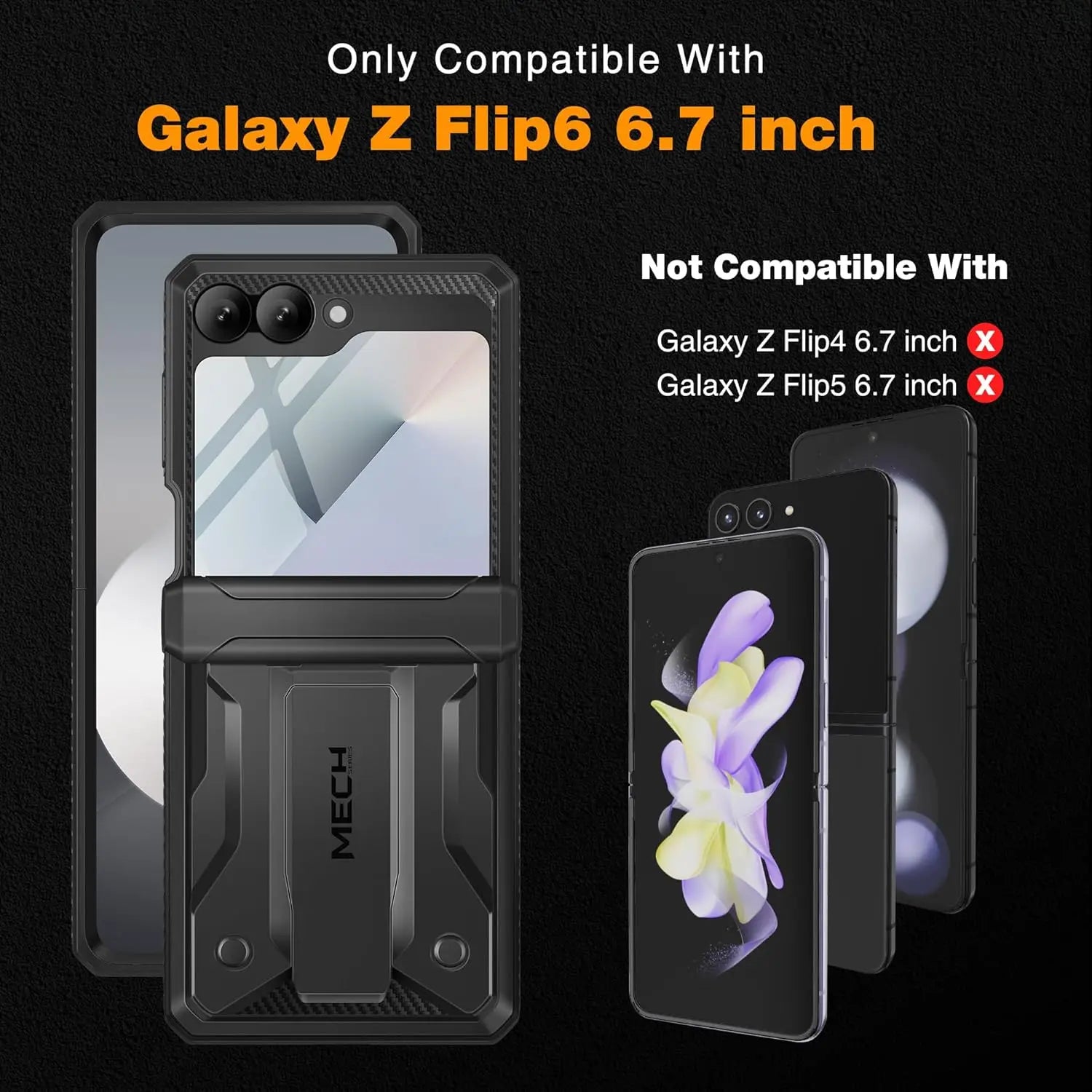 for Z Flip 6 Case with Kickstand Belt-Clip Hinge Protection Cover Screen Protector Military Grade Shockproof Phone Case