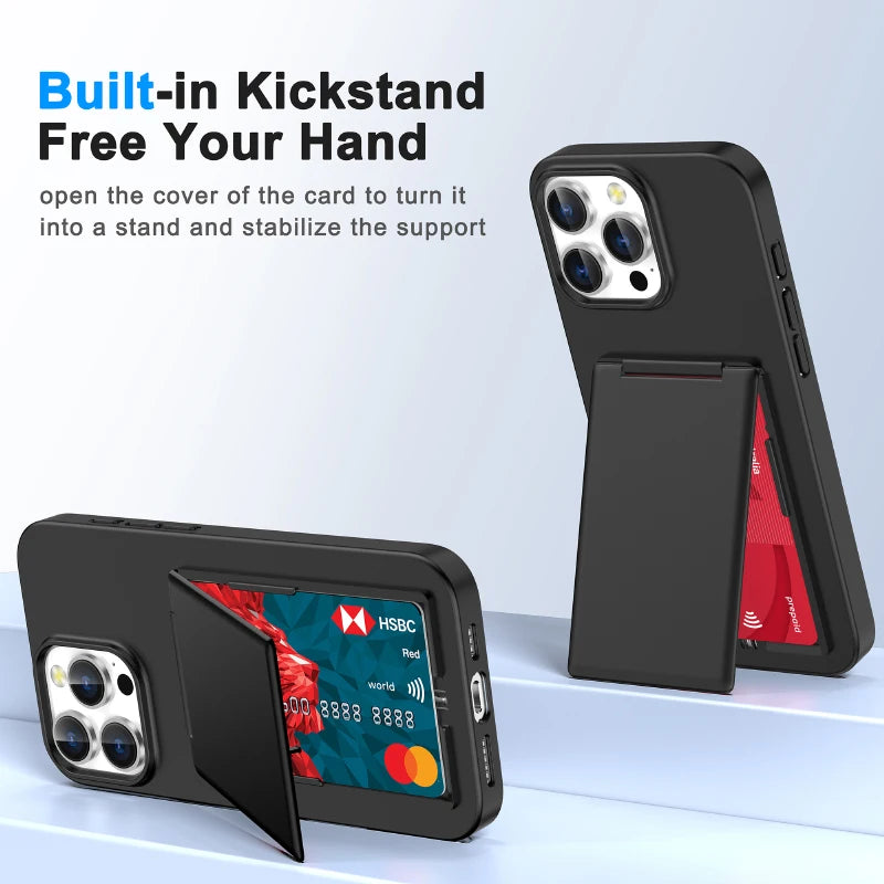 Luxury Solid Color Matte Wallet Card Slot Bracket Phone Case For iPhone 16 Pro Max 14 15 Pro Max Bumper Back Cover