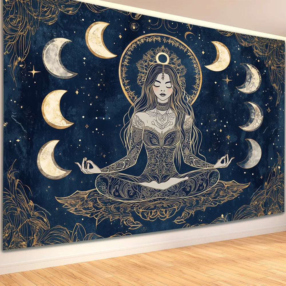 Moonlight Witch Meditation Tapestry Starry Moon Meditation Space Bohemian Style Bedroom & Living Room Decor