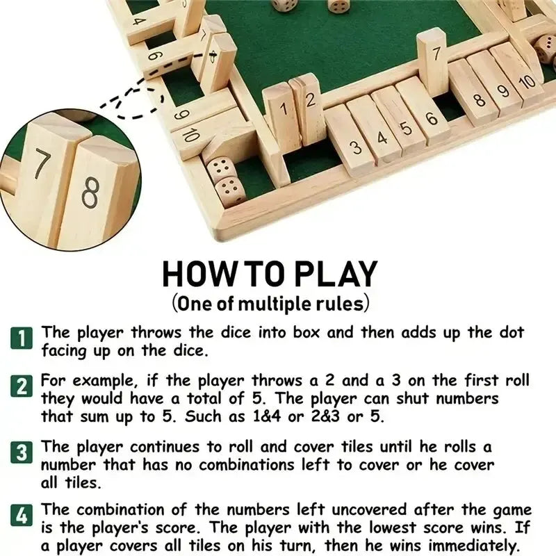 Wooden Four Sided Shut the Box Number Dice Board Game