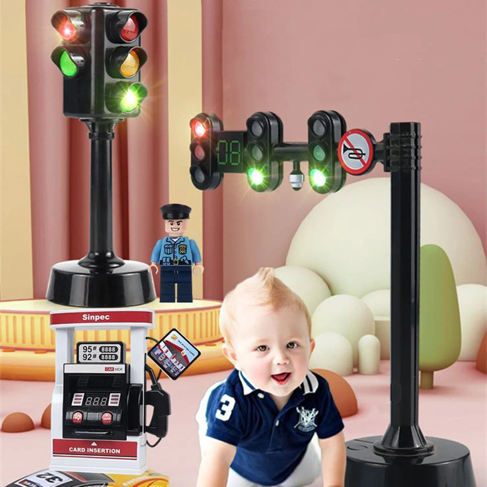 Education Simulation Traffic Lights Toys s Signpost Gas Station Indicator Warning Car Model Pretend Play Toys