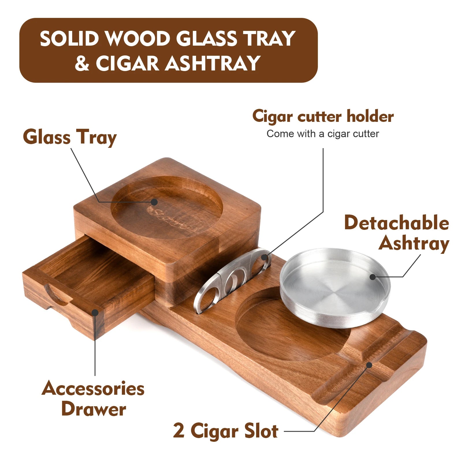 Cigar Ashtray for Men, Whiskey Glass Tray, Wooden Ash Tray, Cigar Cutter, Include Drawer, Cigar Slot, Accessories