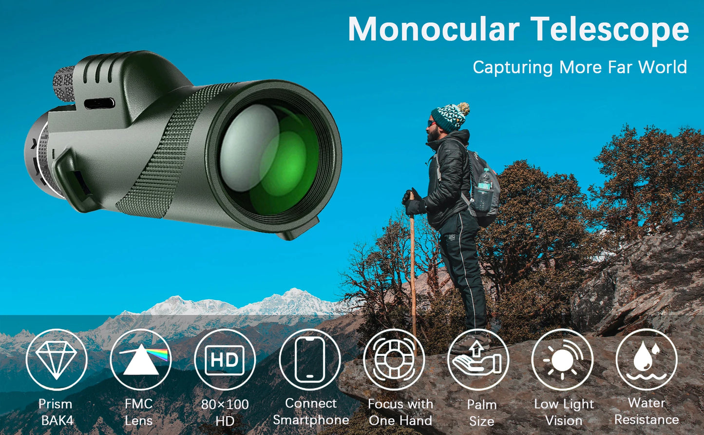 80X100 Hd Monocular Telescope Long Range Zoom Bak4 Prism Telescope with Tripod Phone Clip Hunting Camping Bird Watching Hiking