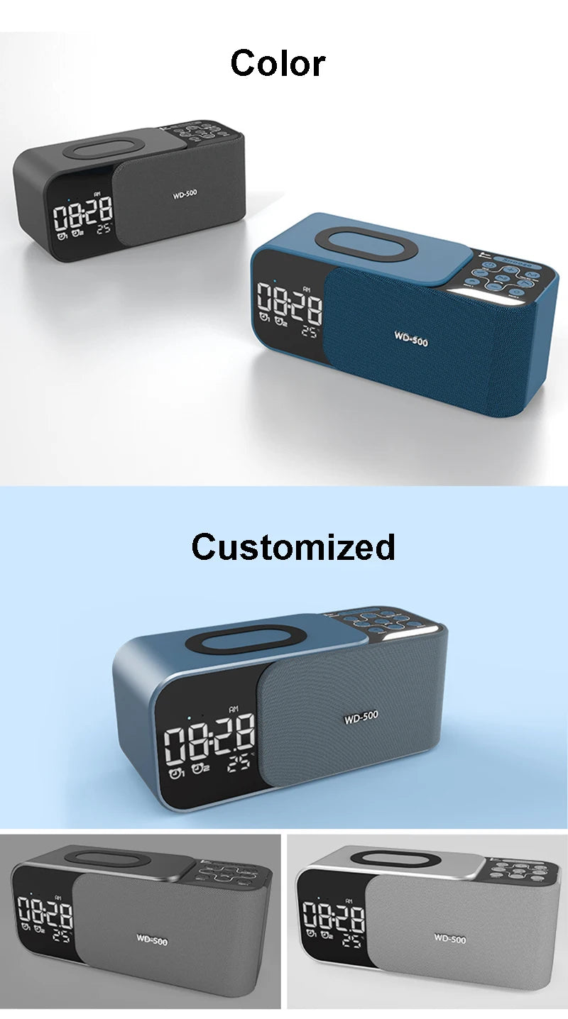 15W wireless charging Dual alarm clock home Bluetooth speaker with night light Bluetooth subwoofer temperature display FM/TF/AUX