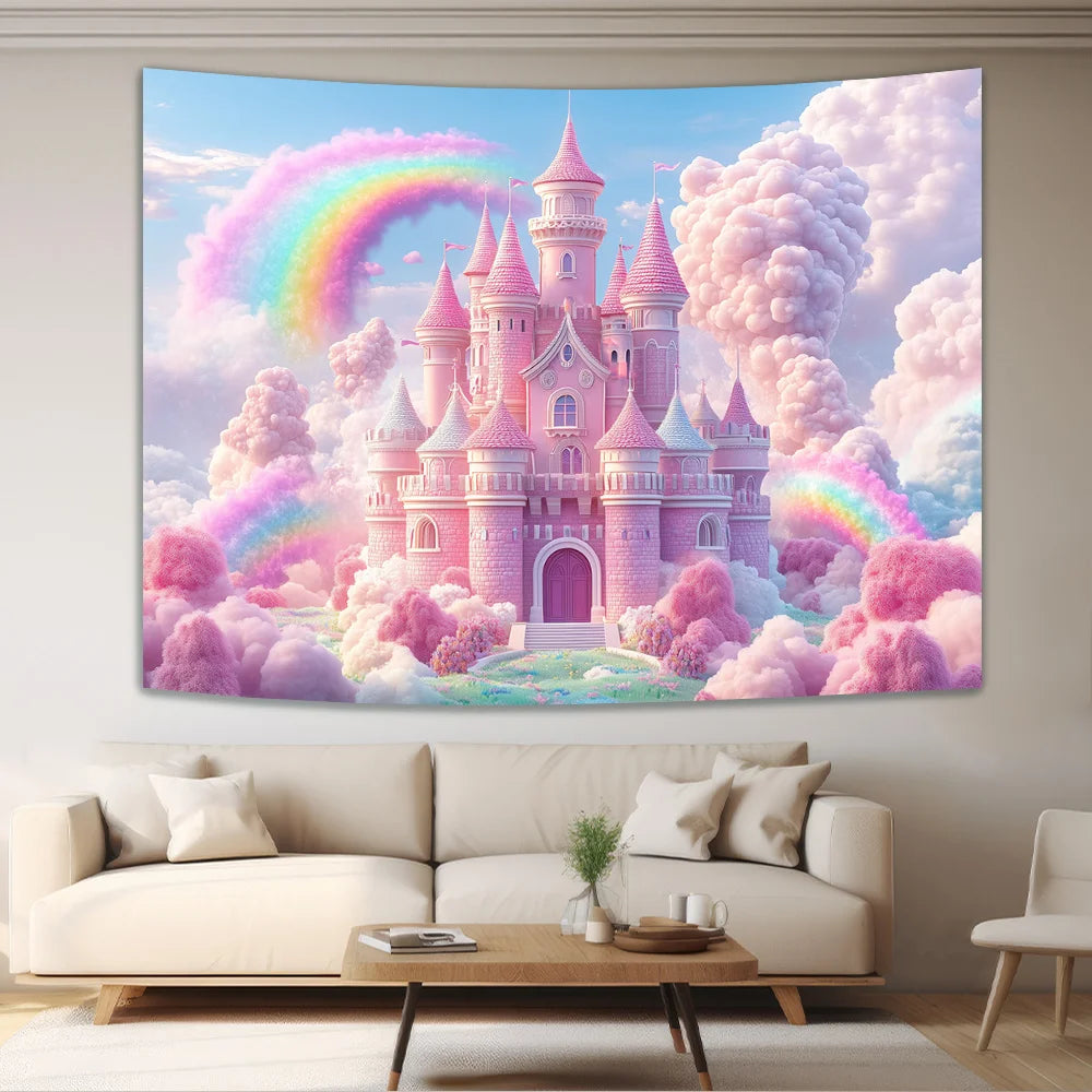 Dream Castle Rainbow Tapestry Children's Room Decor Princess Bedroom Living Room Feature Wall
