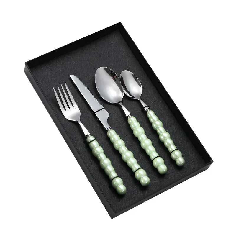 4Pcs Luxury Dinnerware Set Ceramic Pearl Handle Stainless Steel Spoon and Fork Set Western Silver Cutlery High-looking Tableware