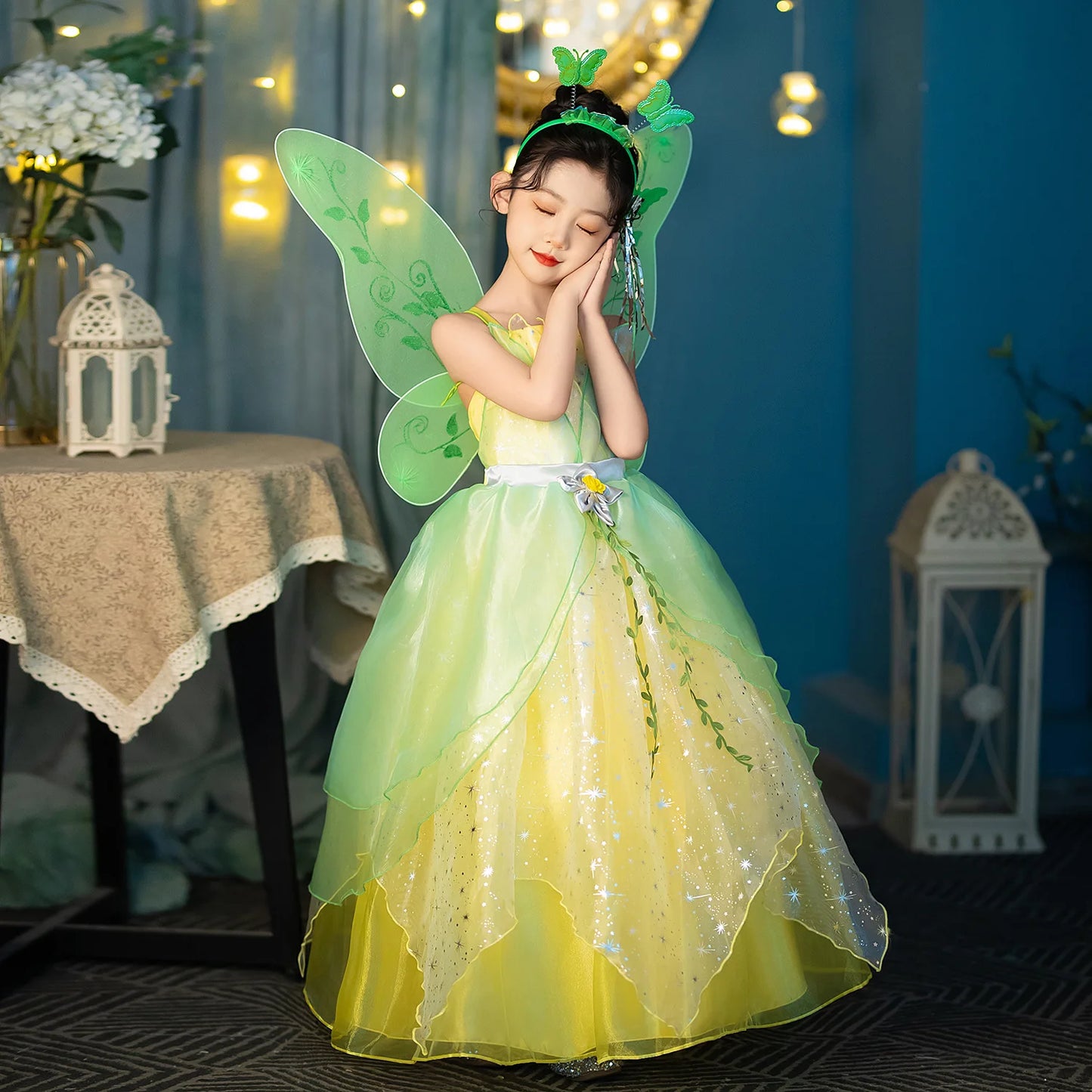 Layered Tulle Fairy Princess Dress Green Yellow Sling Party Costume