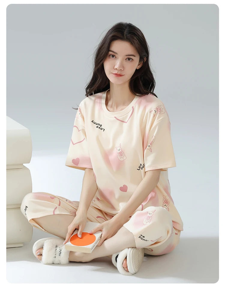 2-Pcs Women’s Summer Cotton Pajama Set – Short Sleeve Top & Calf-Length Pants with Cute Prints