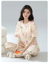 2-Pcs Women’s Summer Cotton Pajama Set – Short Sleeve Top & Calf-Length Pants with Cute Prints