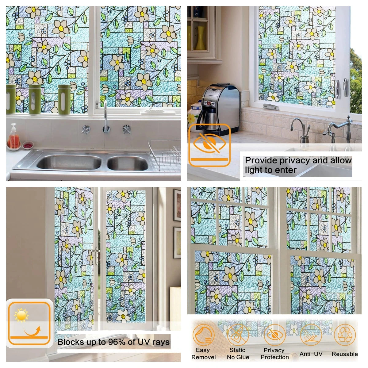 45/60/90Cm Rainbow Window Privacy Film 3D Decorative Vinyl Stained Glass Decals Static Cling Non-Adhesive Window Film Stickers