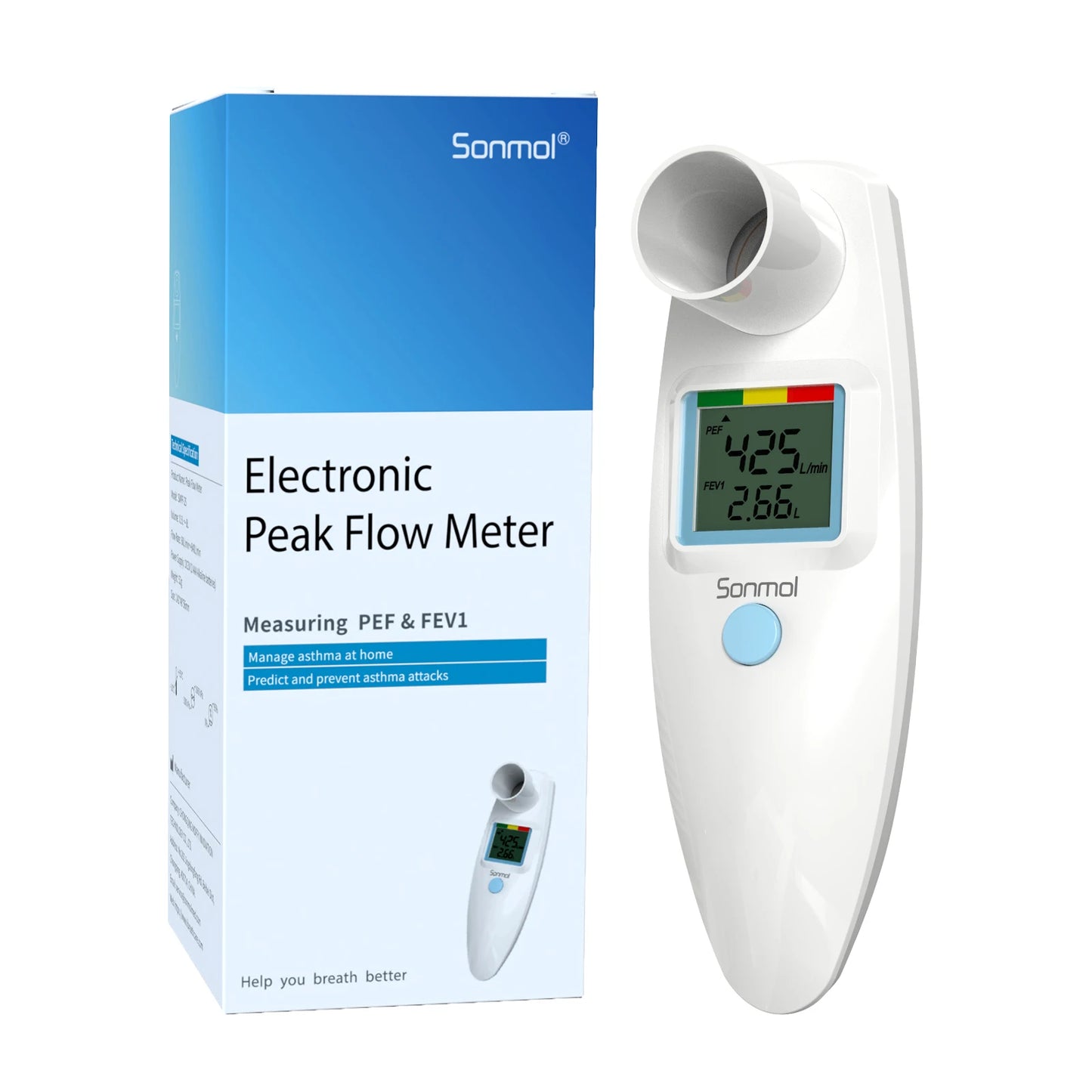 Digital Spirometer Peak Flow Meter for Asthma COPD (PEF) and Forced Expiratory Volume (FEV1) Smart Personal Portable Espirometer