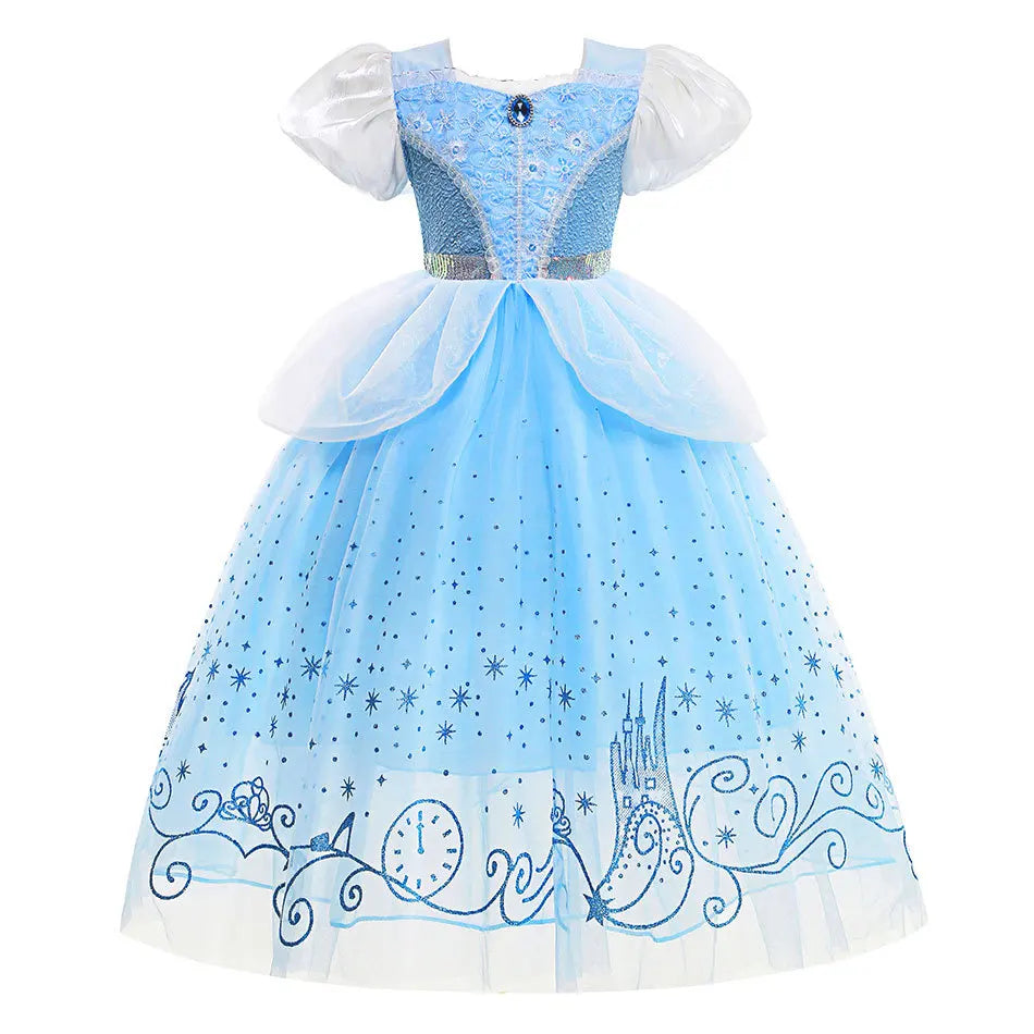 Halloween Children Bubble Sleeve Dress Blue Girls Tutu Costume Birthday Party Gown for Purim Gift