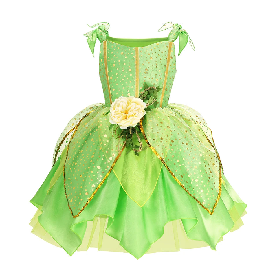 Girls Tinker Bell Costume Halloween Costume Green Fancy Dress Fairy Princess Cosplay Carnival Party Costume