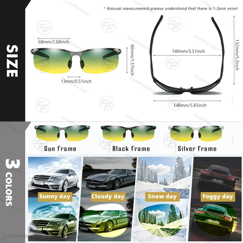 Aluminum Frame Photochromic Polarized UV400 Day Night Driving Safety Sunglasses for Men