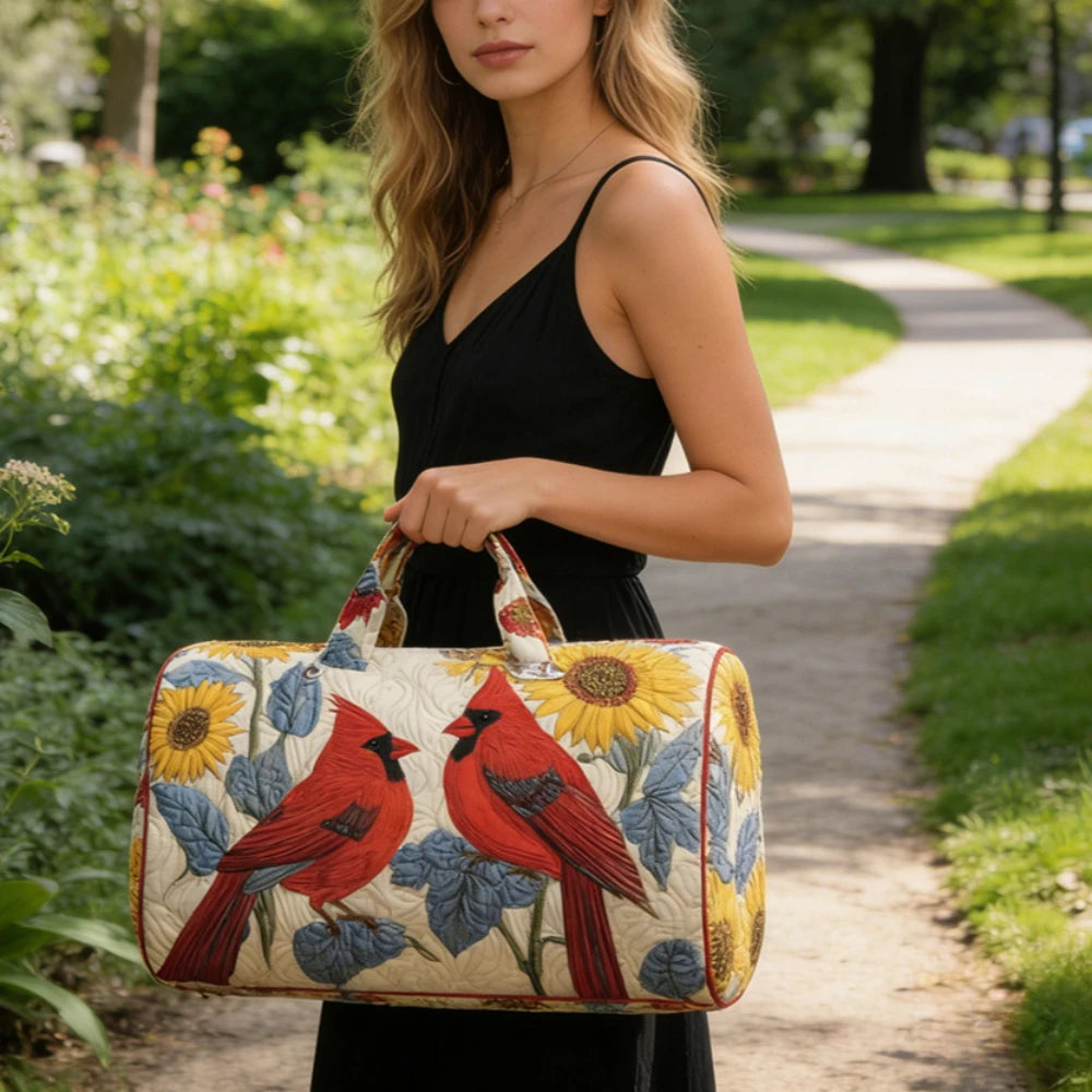 Trending Vintage 3D Quilted Travel Bag Cardinal Bird Floral Printed  Durable Weekend Gym Trip Beach Bag Carry on Tote for Women