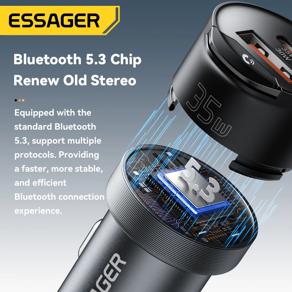 Bluetooth 5.3 Car Charger AUX Adapter PD 35W QC 30W Fast Charging USB C + USB with 3.5mm Audio