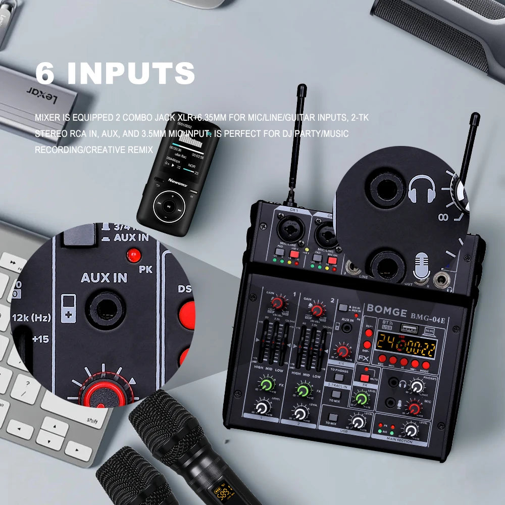 4 Channel Karaoke Audio Mixer with Dual UHF Wireless Microphones and Bluetooth