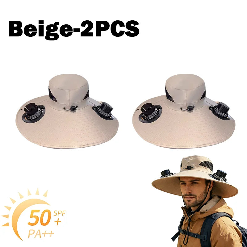Wide Brim Fishing Hat With Dual Solar Fans