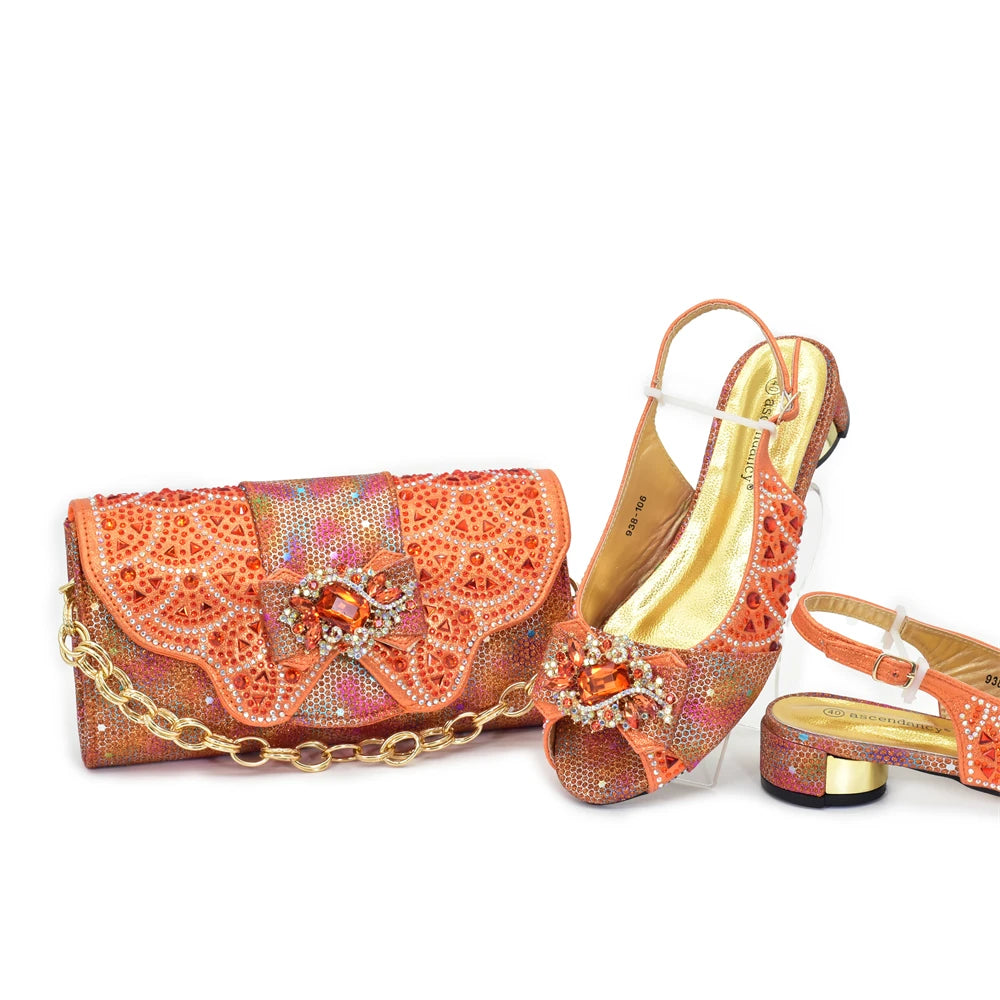 Women Low Heels Sandals Shinning Material with Rhinestone Italian Design Sky Blue Color Peep Toe Shoes and Bags Set