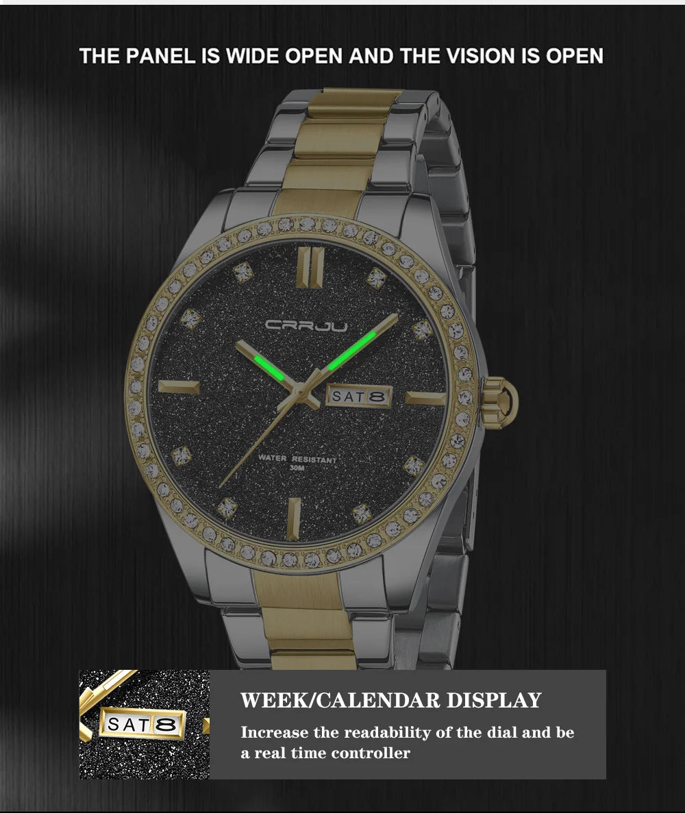 New Luxury Rhinestones Dial Watches with Stainless Steel Band Wristwatch with Auto Date and Luminous Relogio Masculino